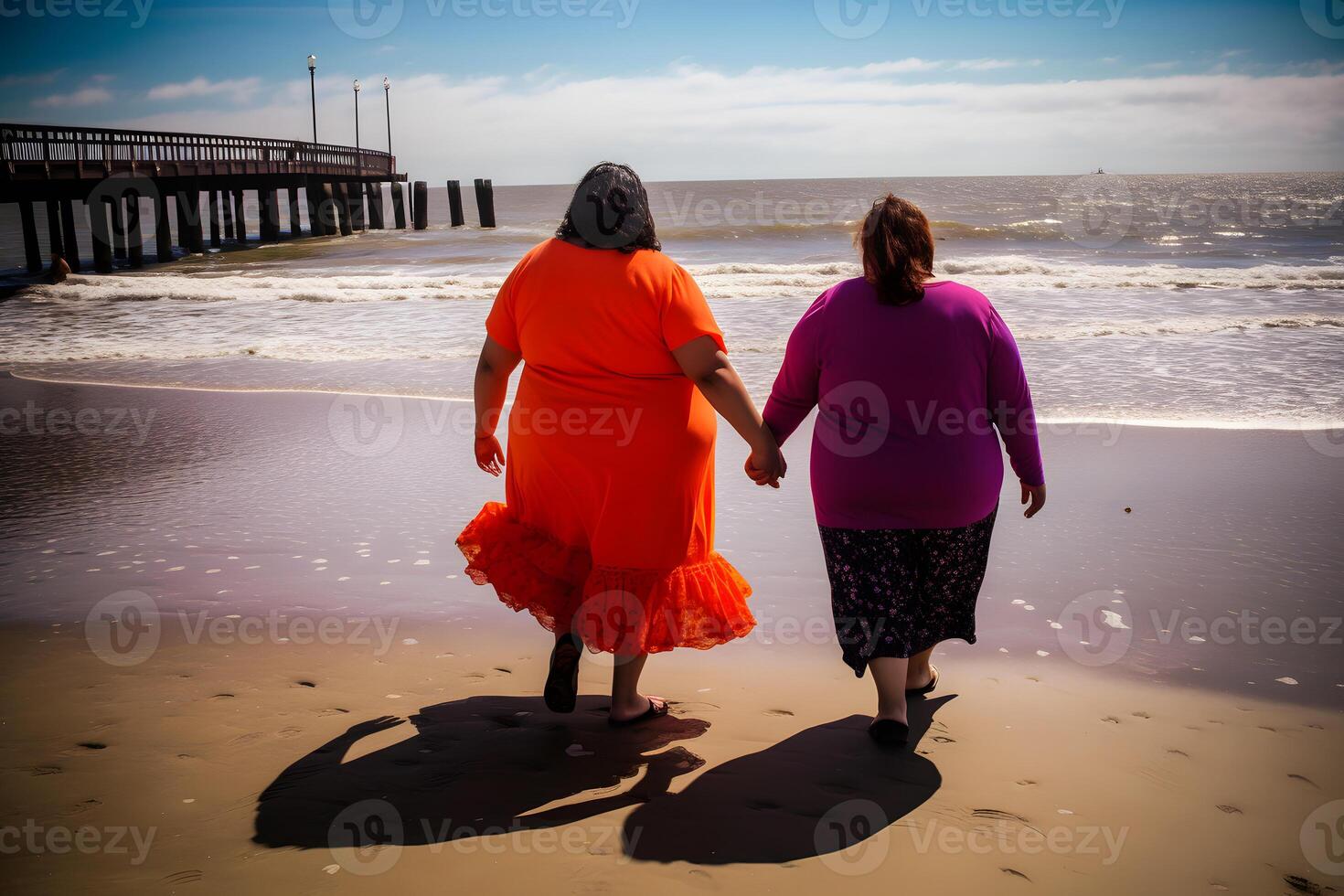 twee plus grootte te zwaar zussen Tweelingen Dames gelukkig en trots van hun lichamen wandelen Bij de strand Aan zomer vakantie. neurale netwerk ai gegenereerd foto