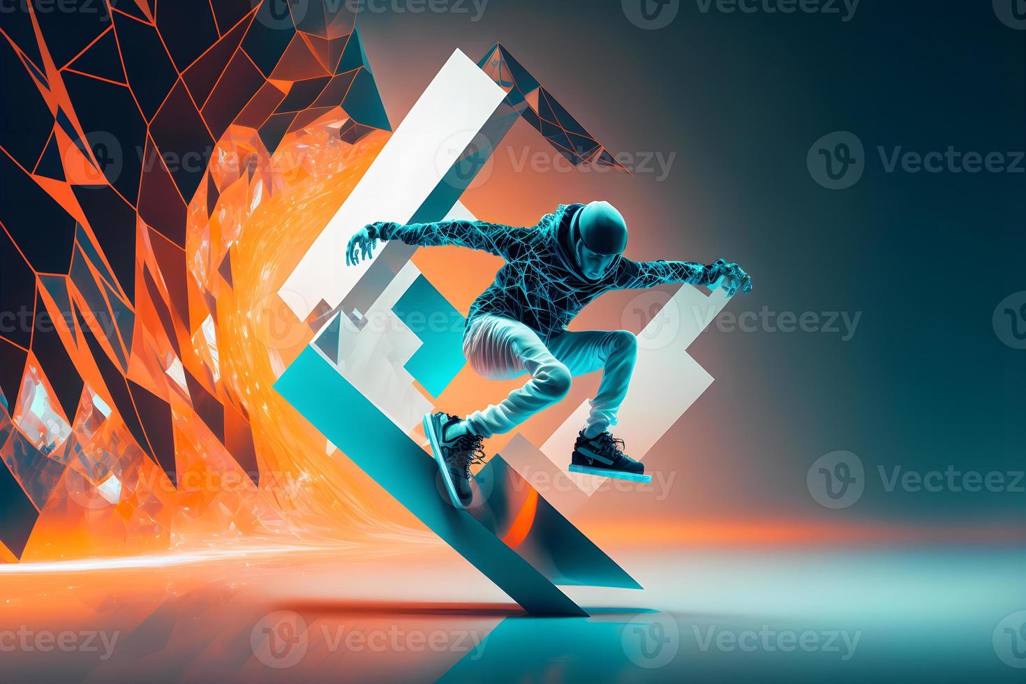 abstract extreem sport- minnaar presteert sprong in oneindigheid met fictief skateboard of snowboarden. neurale netwerk gegenereerd kunst foto