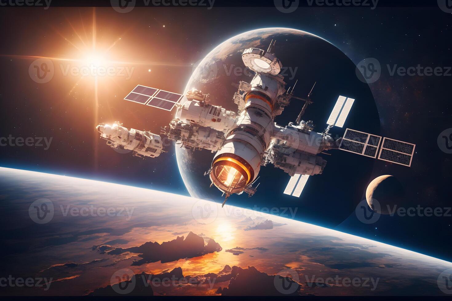 ruimte station en ruimte schip in de buitenste ruimte. aarde zonneschijn Aan de achtergrond. neurale netwerk ai gegenereerd foto