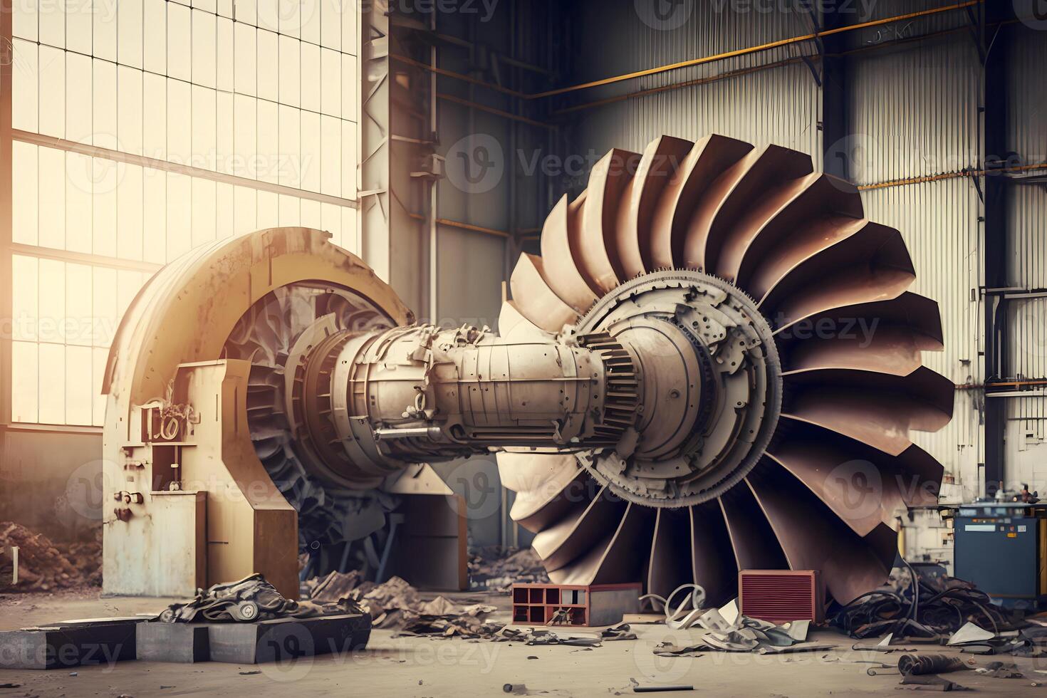 arbeiders in elkaar zetten en construeren gas- turbines in een modern industrieel fabriek. neurale netwerk ai gegenereerd foto