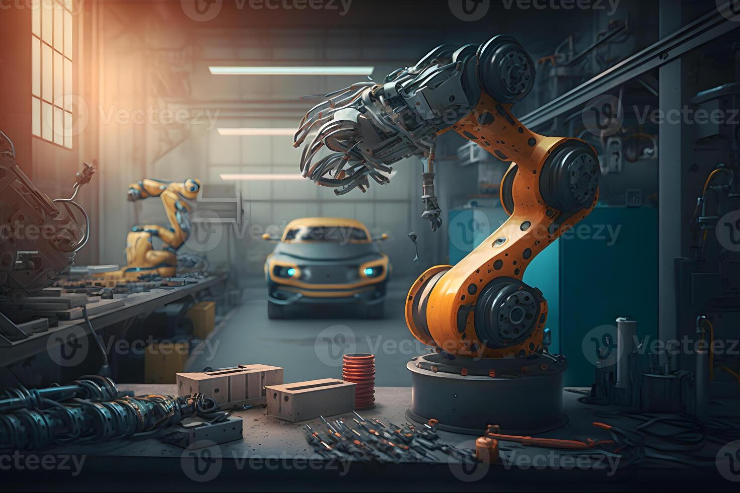 nieuw robot instelling van machine lassen voor de productie lijn van voertuig industrieel fabriek. neurale netwerk ai gegenereerd foto