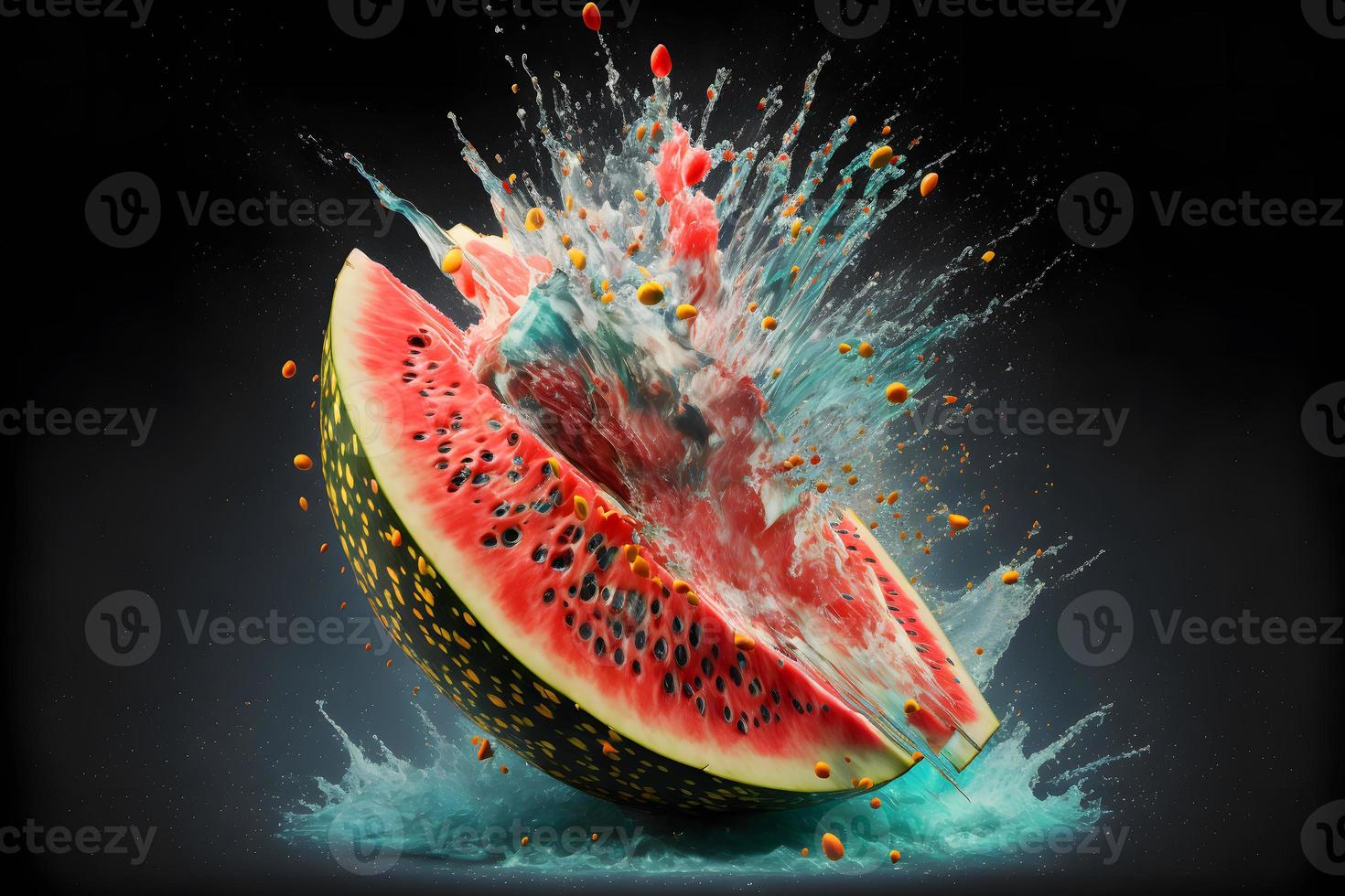 een rijp watermeloen valt naar de verdieping en slaat naar stukken. neurale netwerk gegenereerd kunst foto