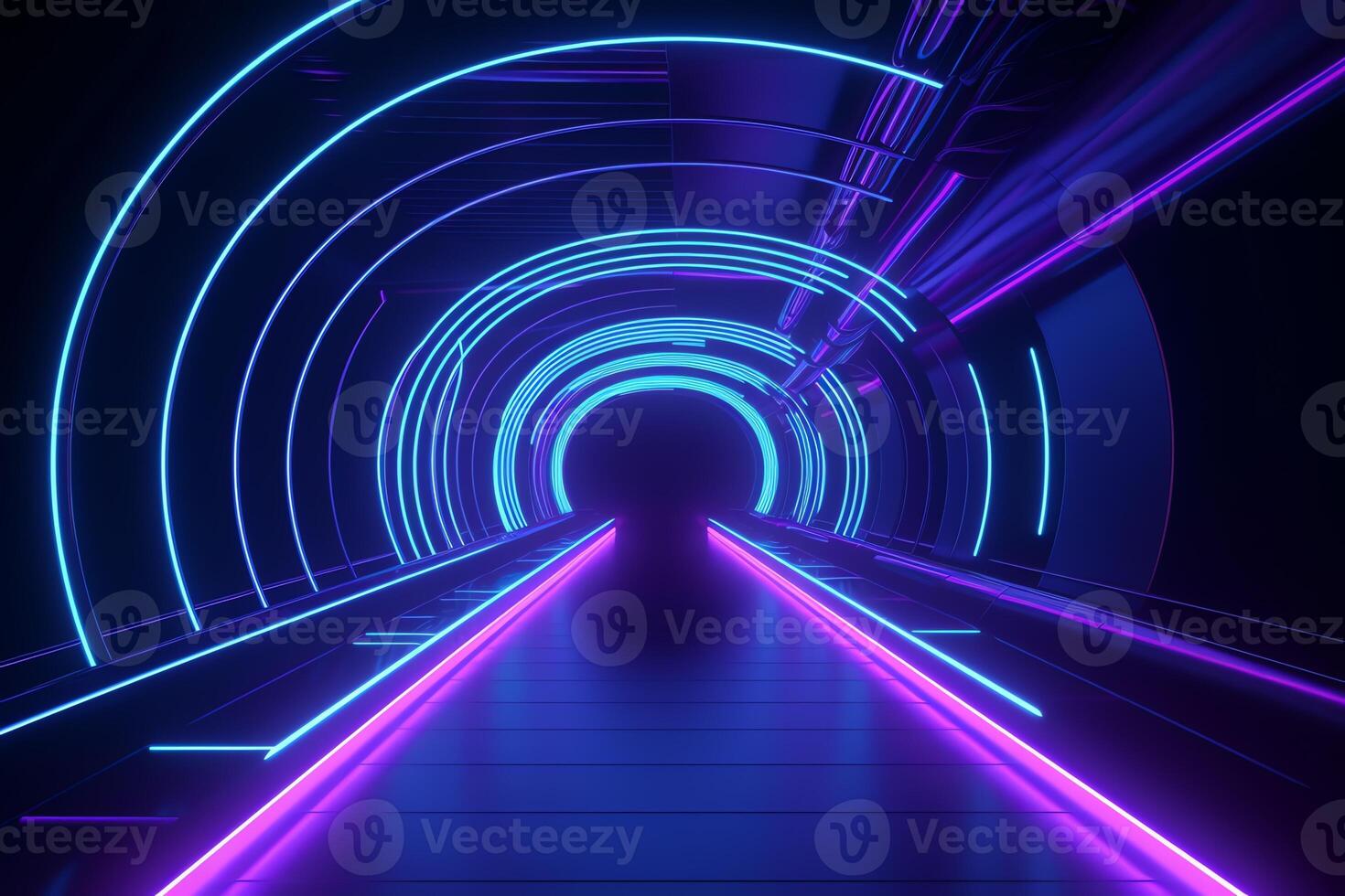 lila blauw neon tunnel veroorzaken. ai gegenereerd foto