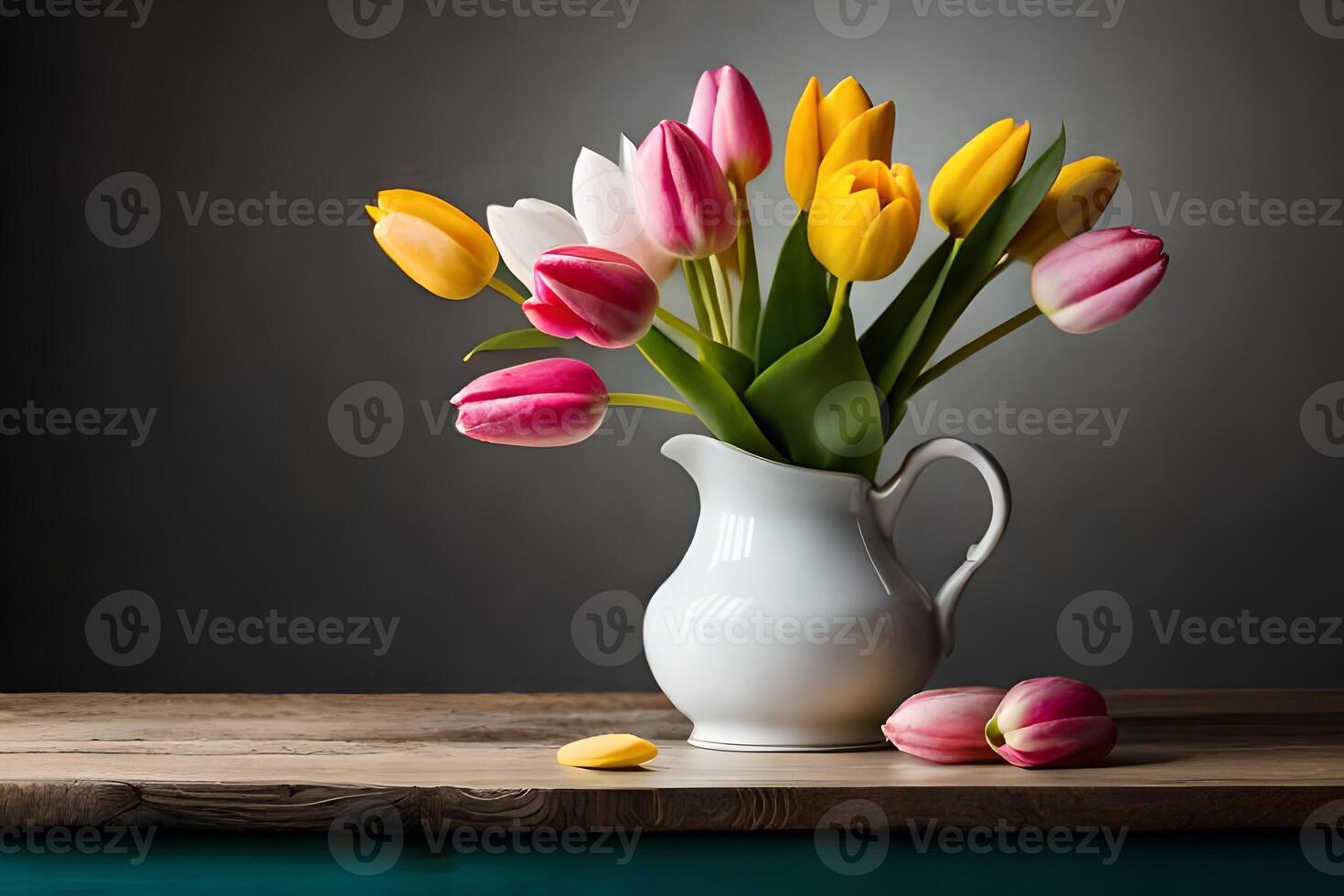 boeket van tulpen in een vaas Aan een houten tafel ai gegenereerd foto