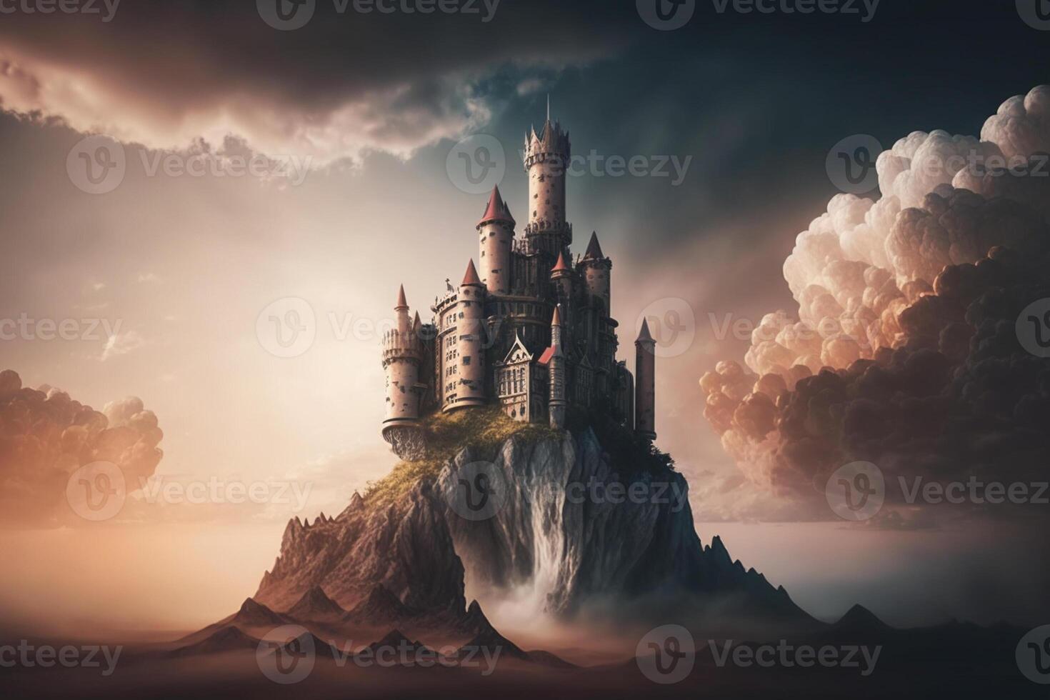 ai generatief een fantasie kasteel in de wolk foto