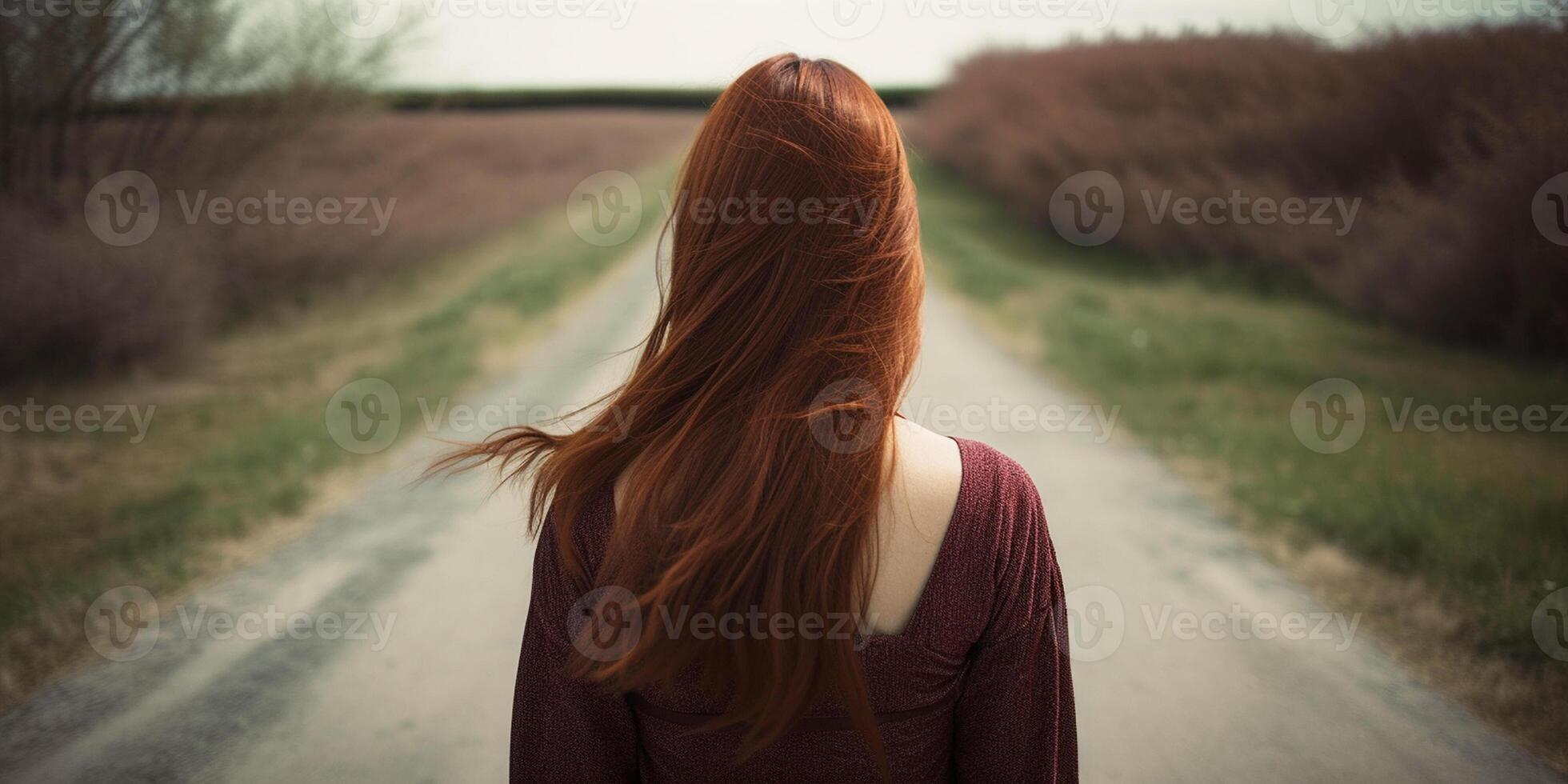 terug visie van jong vrouw staand Aan land weg staren in afstand. generatief ai. foto