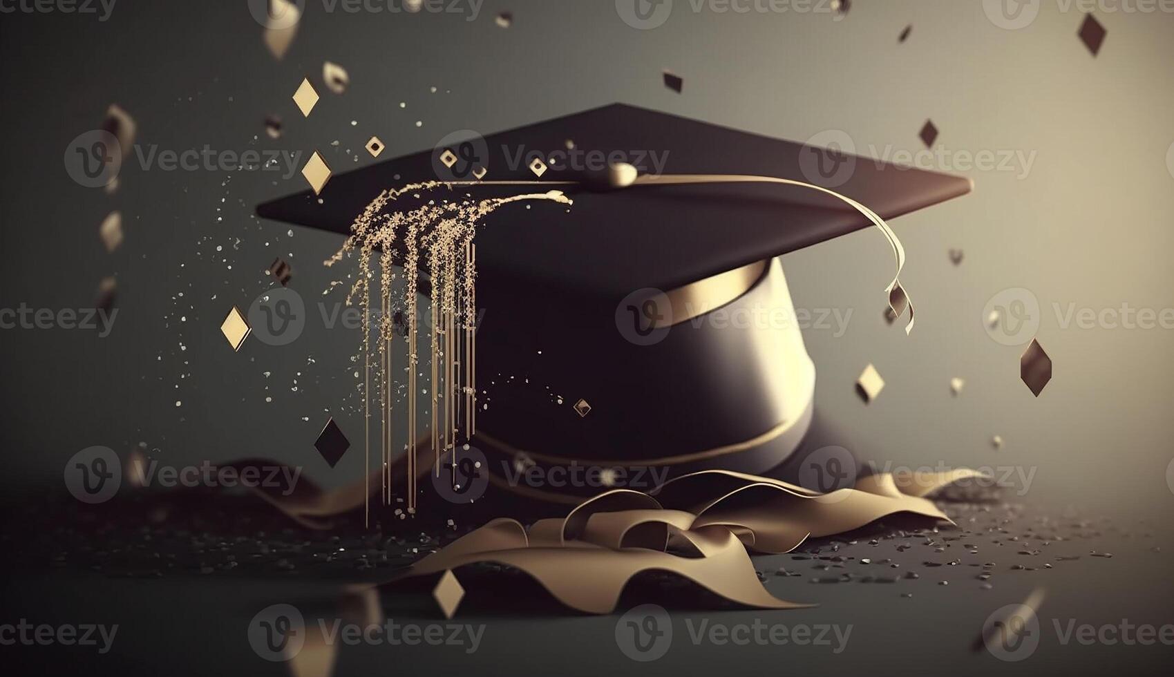 diploma uitreiking hoed Aan zwart achtergrond met vonken. generatief ai foto