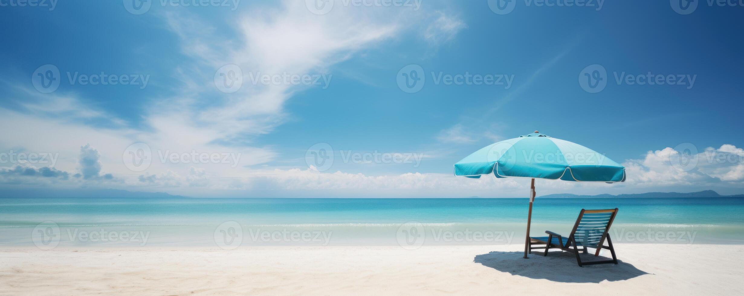 zomer stoelen en paraplu's Aan tropisch zee en strand met blauw lucht achtergrond. generatief ai foto