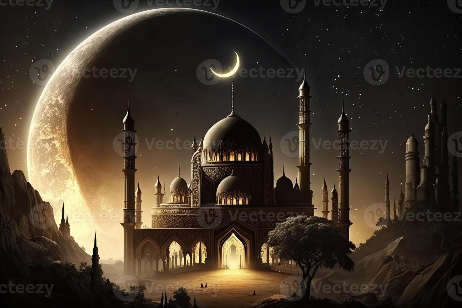 moskee Islamitisch Ramadan maan achtergrond donker filmische achtergrond ai gegenereerd foto