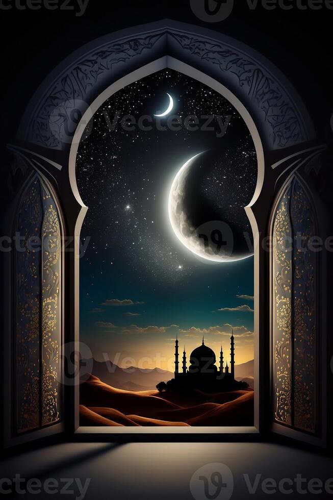 visie van venster van moslim moskee Aan nacht in woestijn. Ramadan kareem. ai generatief. foto