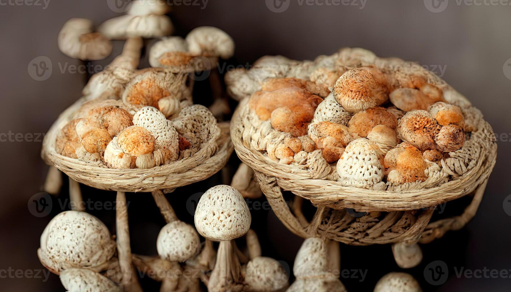 hoog hoek visie van eetbaar champignons en banaan in rieten mand. generatief ai foto