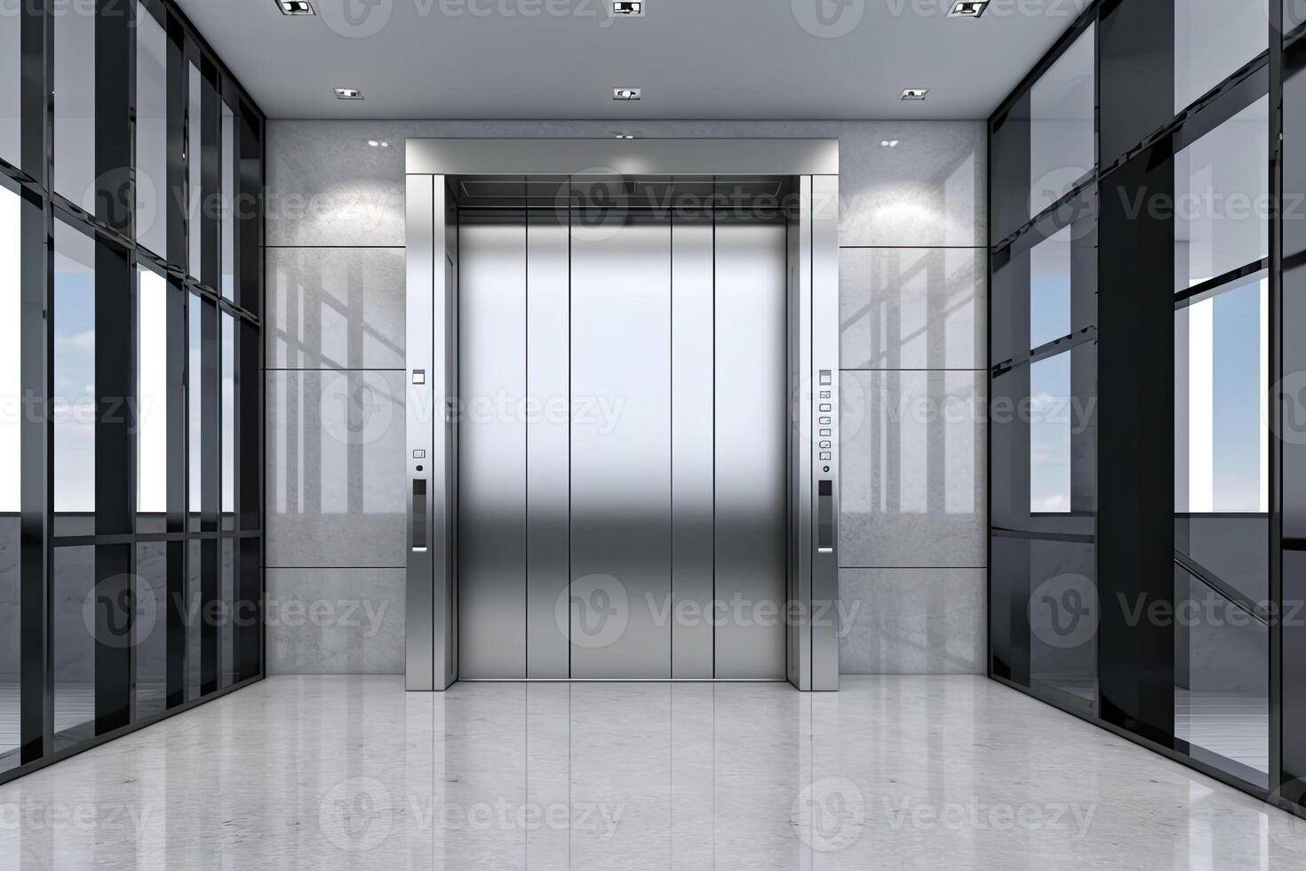 interieur visie van een modern lift. kantoor of modern hotel gang, leeg lobby interieur. generatief ai foto