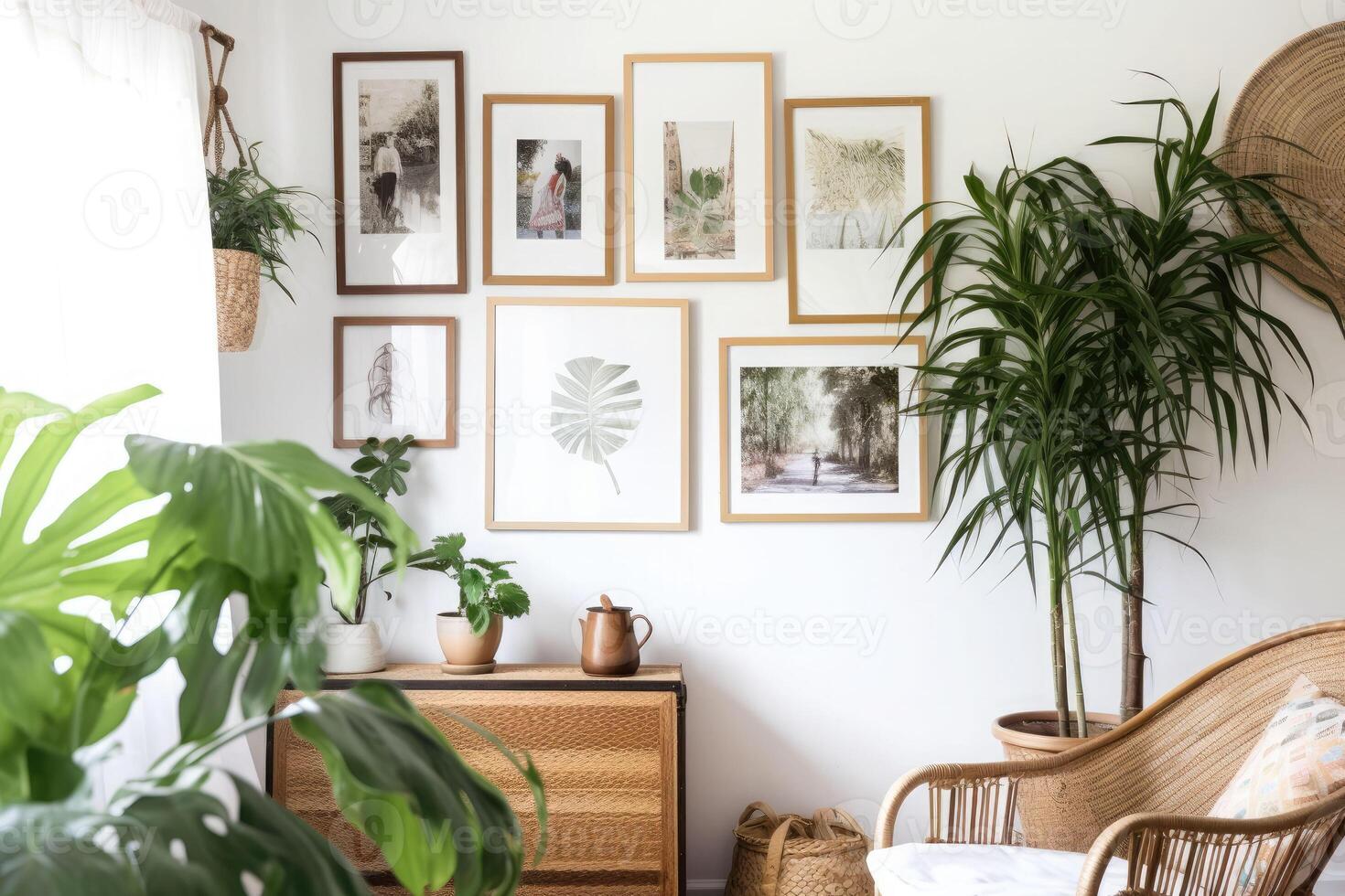 kaders in huis interieur. kamer in boho stijl met natuurlijk houten meubilair en planten. generatief ai foto