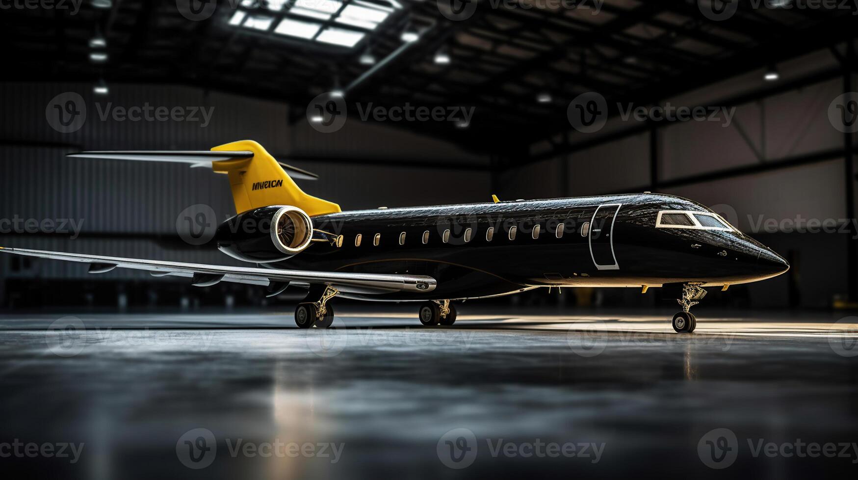 geel privaat Jet Aan hangar , gegenereerd ai beeld foto