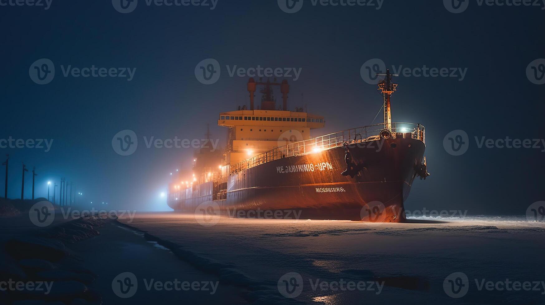 reis schip ijs breker is getoond Bij nacht, snijden door de mistig wateren, gegenereerd ai beeld foto