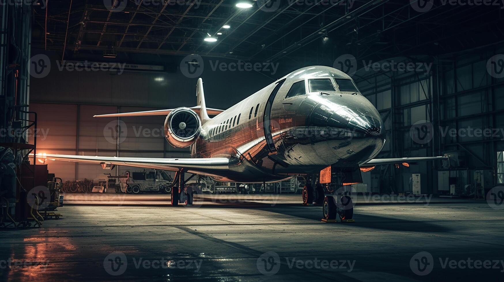 een privaat Jet staand in een hangar Bij nacht, gegenereerd ai beeld foto