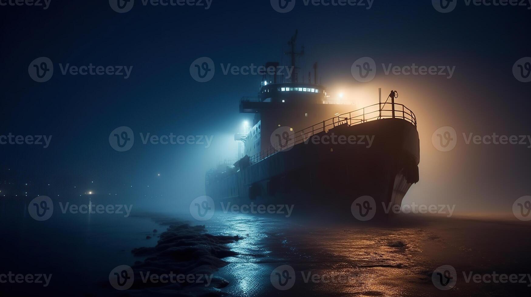 reis schip ijs breker is getoond Bij nacht, snijden door de mistig wateren, gegenereerd ai beeld foto