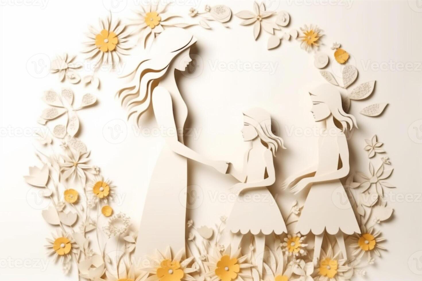 papier besnoeiing van een moeder en dochter met bloemen Aan een wit achtergrond generatief ai foto