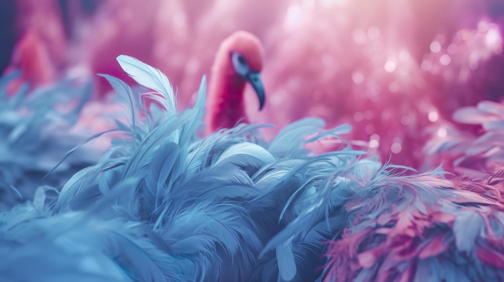 een helder blauw achtergrond met een diep karmijn roze flamingo veren, in de stijl van zacht en dromerig pastel kleuren, glinsterend licht Effecten, natuur geïnspireerd beeldspraak, genereren ai foto