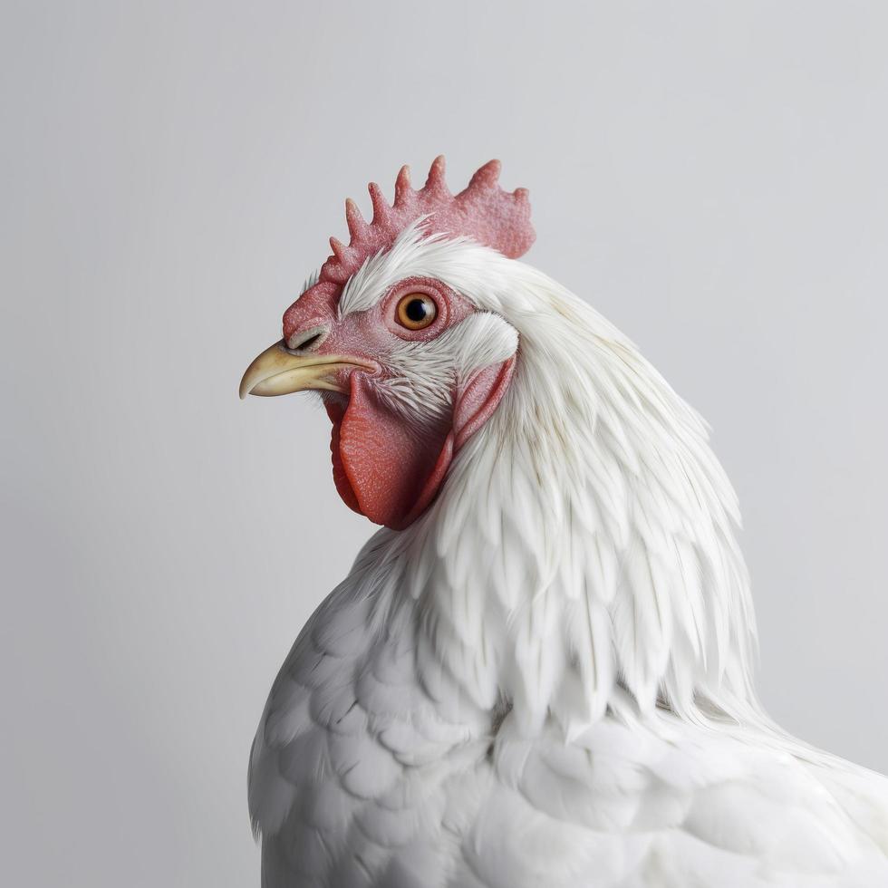 portret van een gember kip staand geïsoleerd Aan wit achtergrond, profiel visie van een kip wit achtergrond, fotorealistisch, hyperrealisme, genereren ai foto