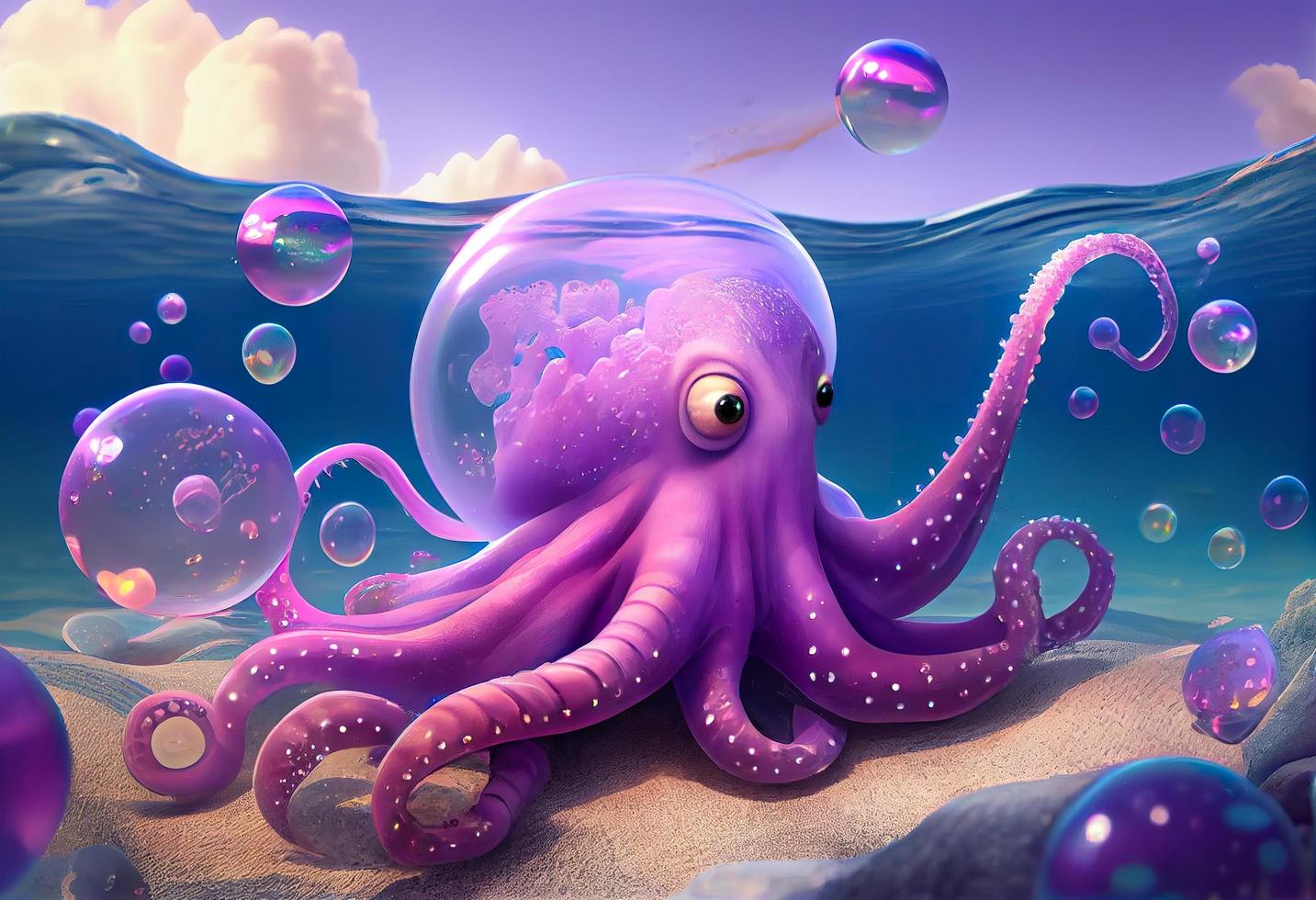 een surrealistisch hyperrealistisch sprookje schattig Octopus. de achtergrond is een landschap met Purper, roze en iriserend zeep bubbels drijvend in de omgeving van, genereren ai foto