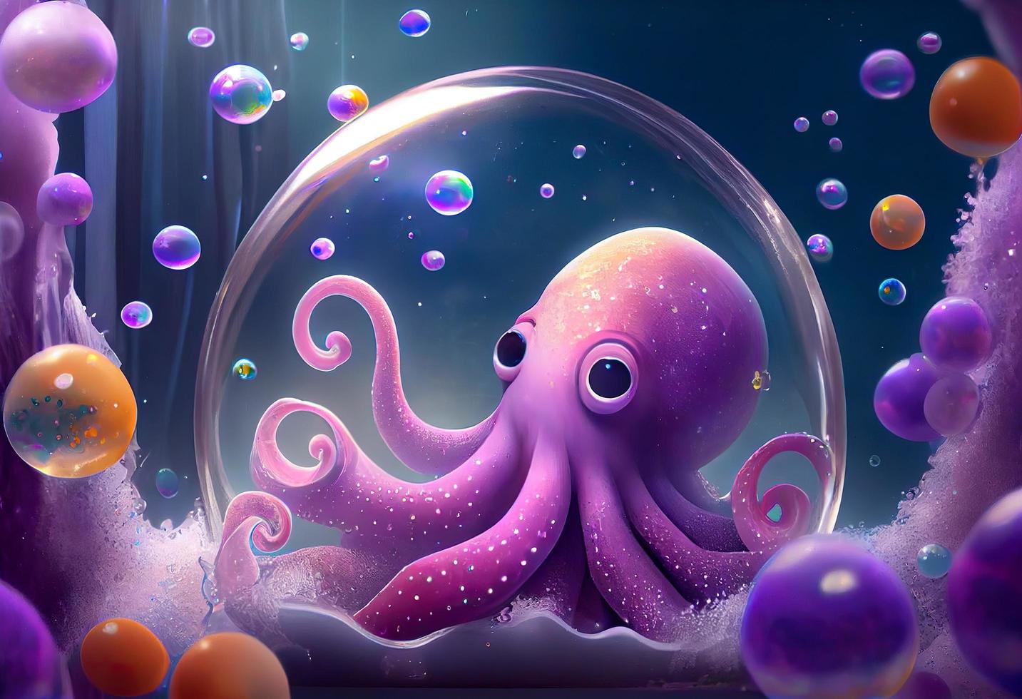 een surrealistisch hyperrealistisch sprookje schattig Octopus. de achtergrond is een landschap met Purper, roze en iriserend zeep bubbels drijvend in de omgeving van, genereren ai foto