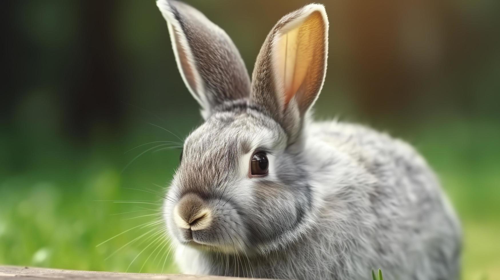 portret van een schattig pluizig grijs konijn met oren Aan een natuurlijk groen achtergrond, genereren ai foto