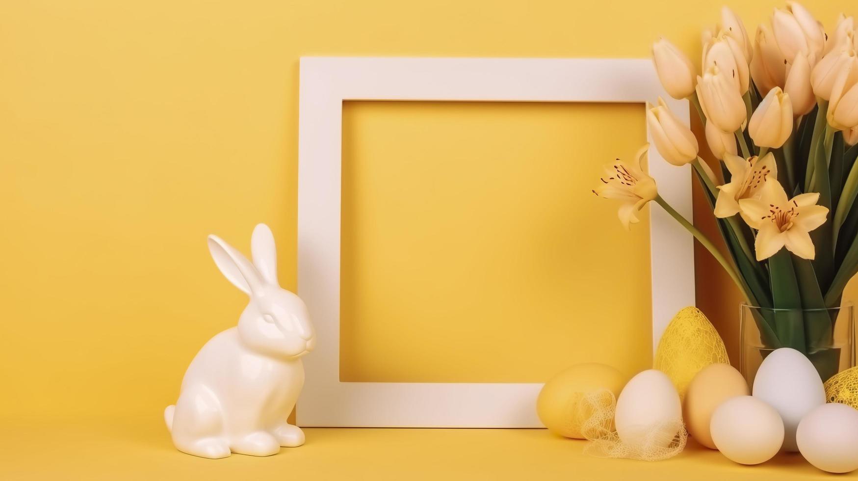 vrij foto een leeg wit grens kader versierd met lelie bloemen, konijn beeldje en Pasen eieren Aan geel achtergrond, genereren ai