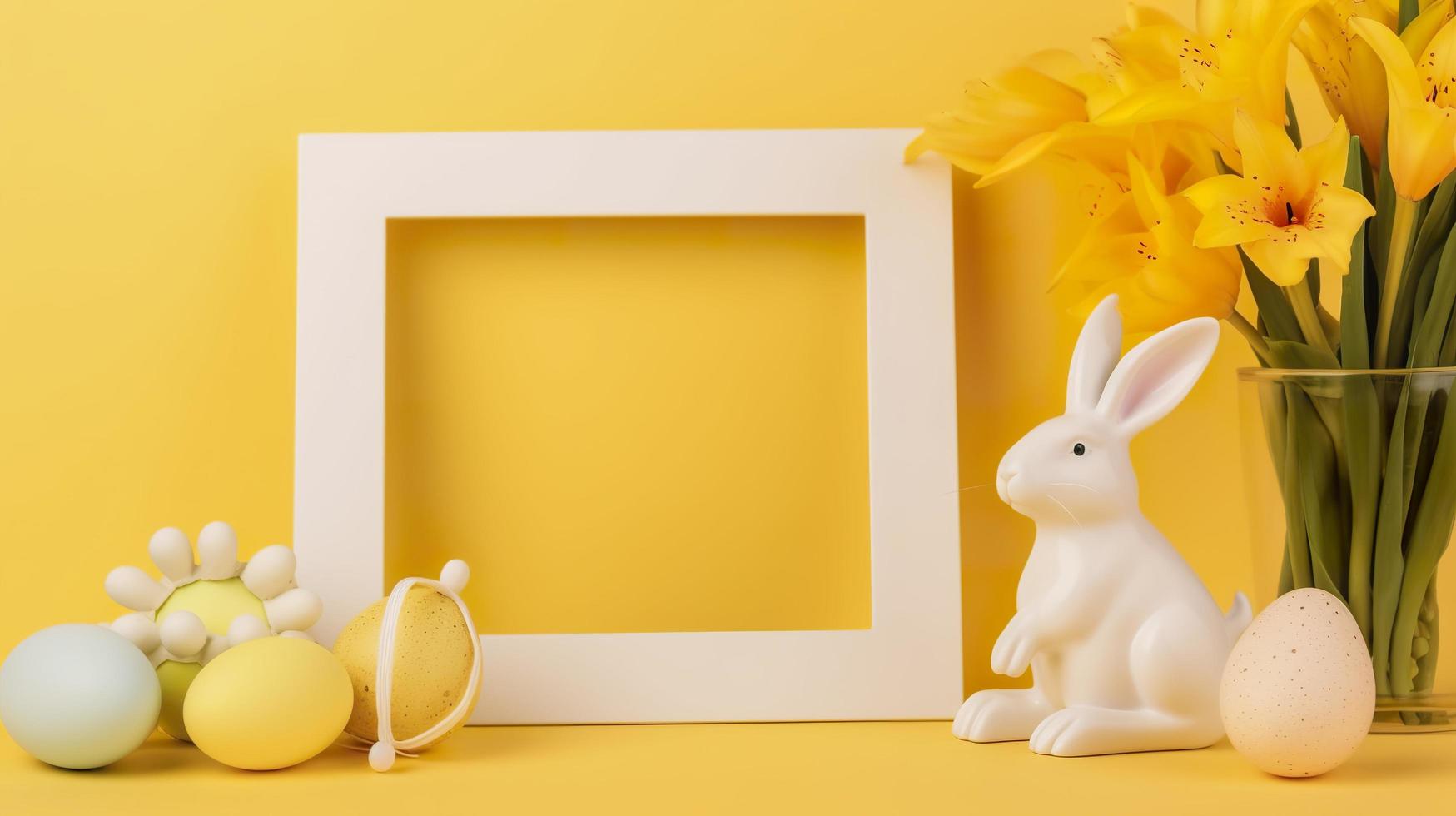 vrij foto een leeg wit grens kader versierd met lelie bloemen, konijn beeldje en Pasen eieren Aan geel achtergrond, genereren ai