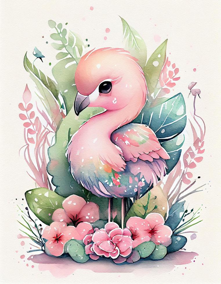 goed waterverf schattig gelukkig chibi flamingo met bloemrijk sprookje achtergrond, zacht pastel kleuren, genereren ai foto