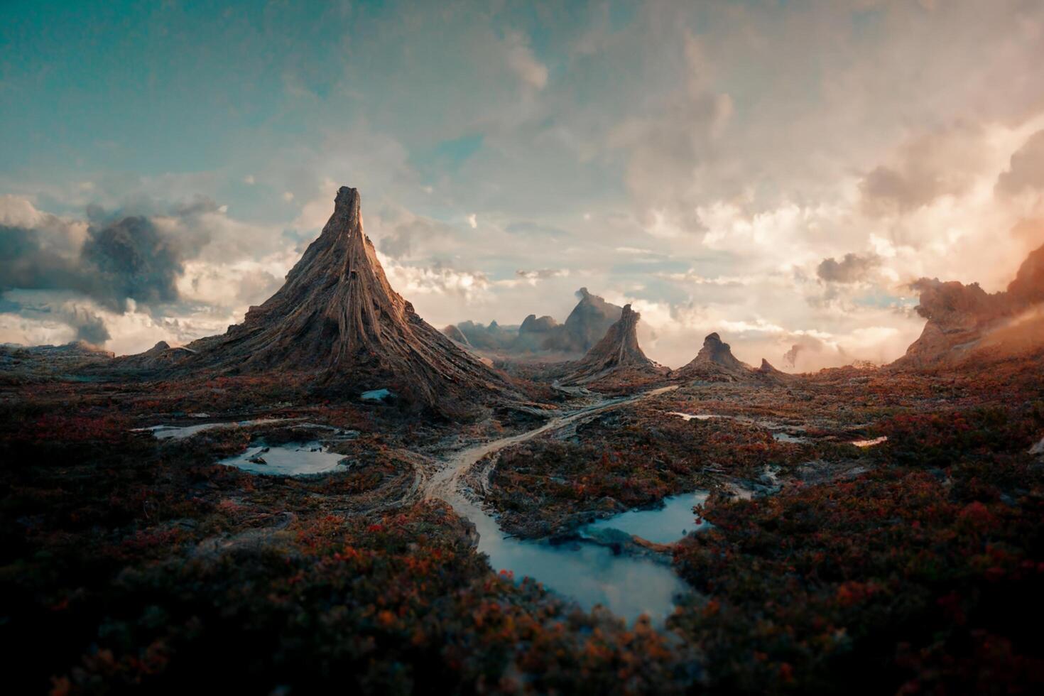 berg met een rivier- rennen door het. generatief ai. foto