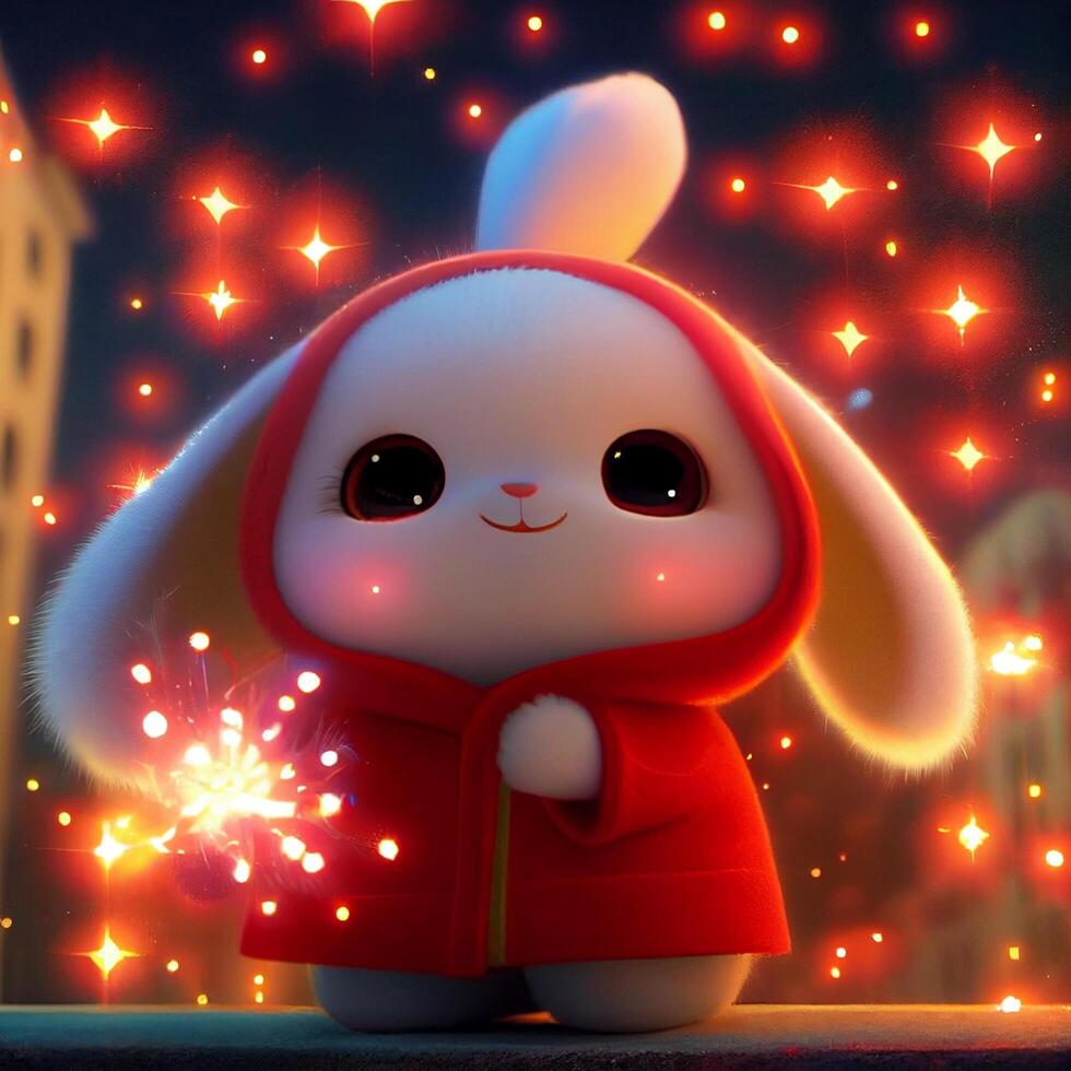 tekenfilm konijn in een rood jas Holding een sterretje. generatief ai. foto