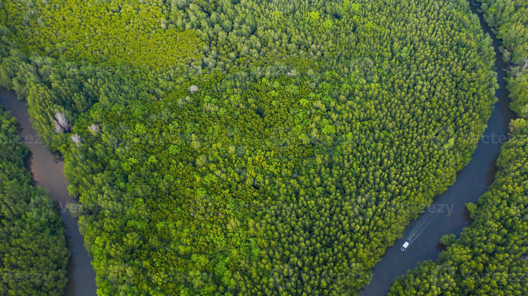 luchtfoto bovenaanzicht van boot op de rivier in behoud van mangrovebossen in Thailand foto