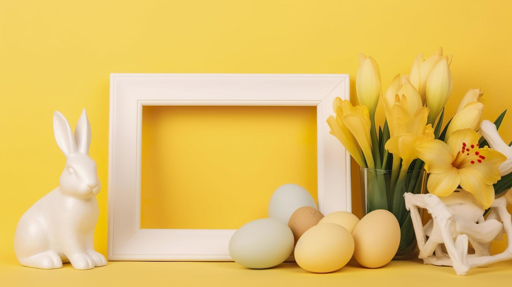 vrij foto een leeg wit grens kader versierd met lelie bloemen, konijn beeldje en Pasen eieren Aan geel achtergrond, genereren ai