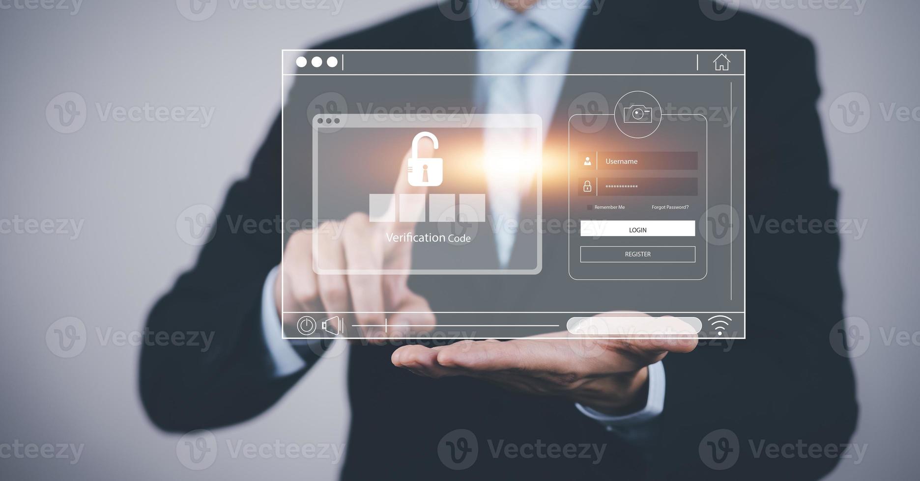 zakenman tintje diagram scannen de bescherming systeem cyber veiligheid, Log in, gebruiker, identificatie informatie veiligheid en encryptie, beveiligen toegang naar gebruiker's persoonlijk informatie, beveiligen internet toegang foto