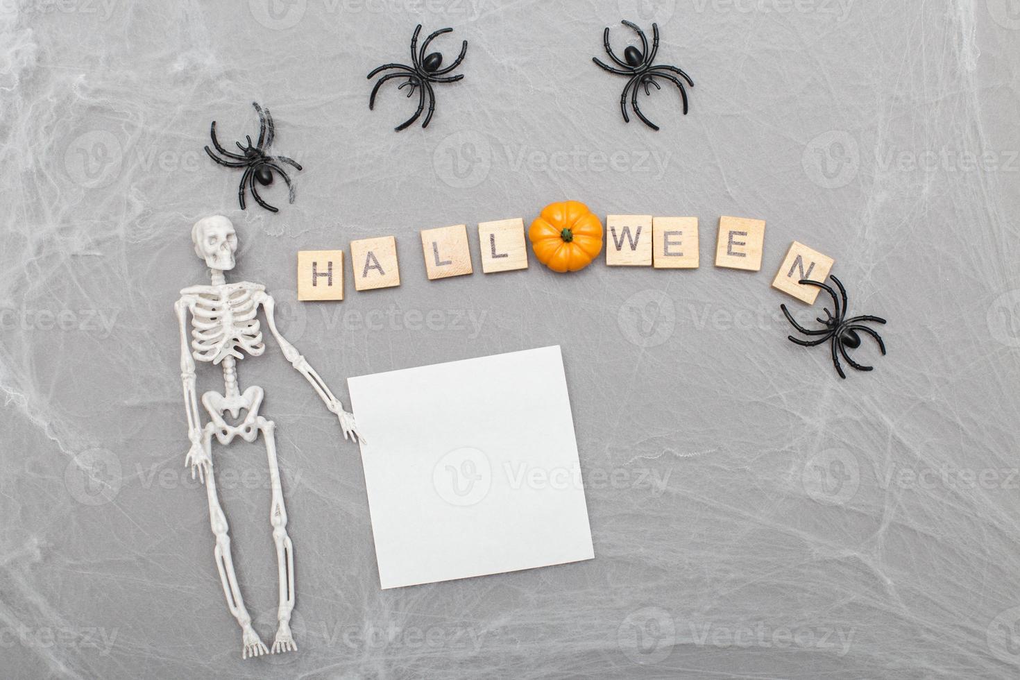 opschrift halloween, spin web en spinnen Aan grijs achtergrond met skelet en papier sticker foto