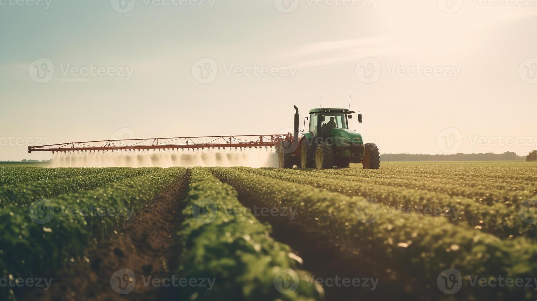 generatief ai, trekker sproeien een veld, boerderij landschap, agrarisch mooi platteland, land weg. natuur illustratie, fotorealistisch top visie horizontaal spandoek. foto