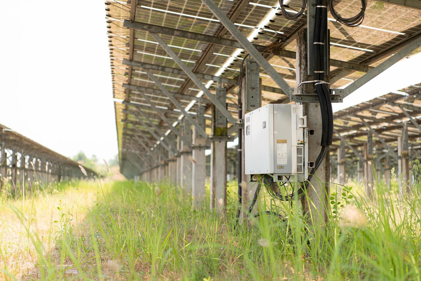 de veld- van zonne- panelen met een energie klein opslagruimte gelegen in de onder van een zonne- cel paneel Aan een Oppervlakte van honderden van hectare foto