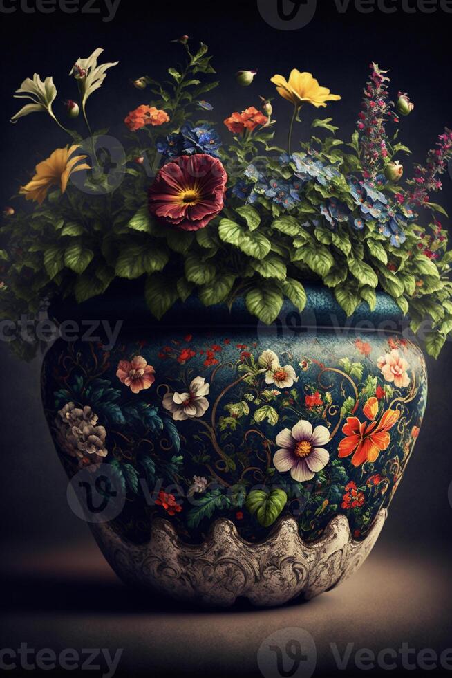 dichtbij omhoog van een vaas met bloemen in het. generatief ai. foto