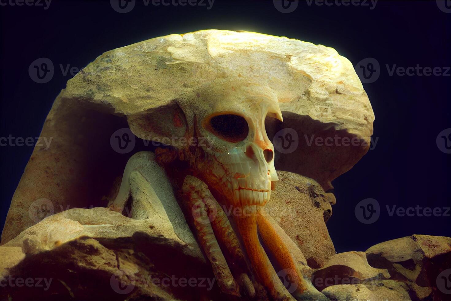 schedel zittend Aan top van een stapel van rotsen. generatief ai. foto
