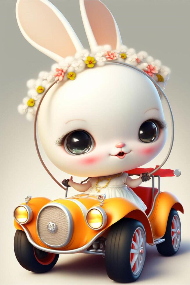 tekenfilm konijn het rijden een auto met een bloem kroon Aan haar hoofd. generatief ai. foto