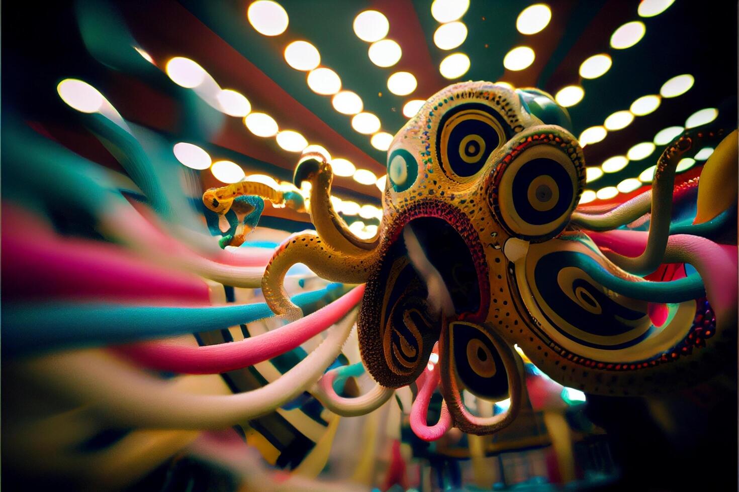 dichtbij omhoog van een speelgoed- Octopus met lichten in de achtergrond. generatief ai. foto