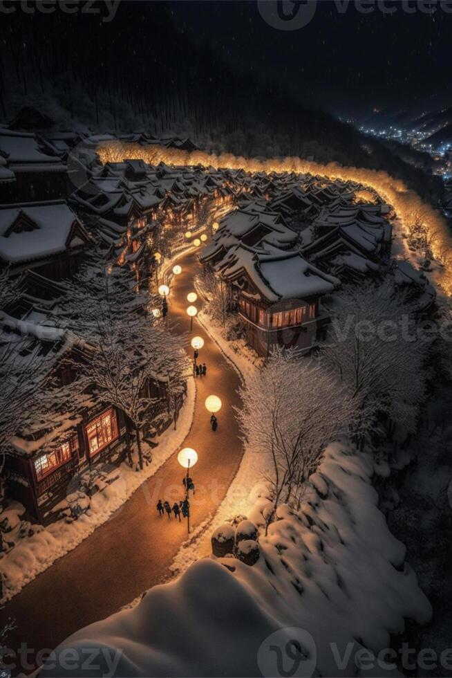 groep van mensen wandelen naar beneden een sneeuw gedekt weg. generatief ai. foto