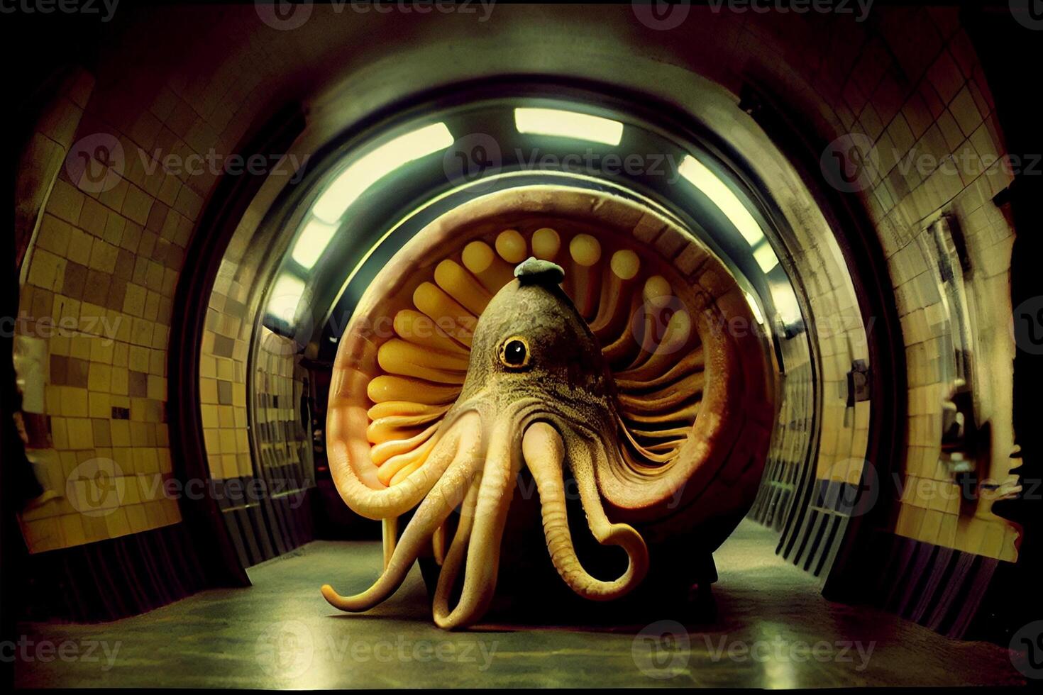 beeldhouwwerk van een Octopus binnen van een gebouw. generatief ai. foto