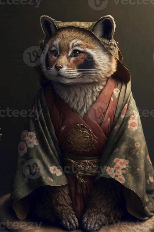 schilderij van een wasbeer gekleed in een kimono. generatief ai. foto