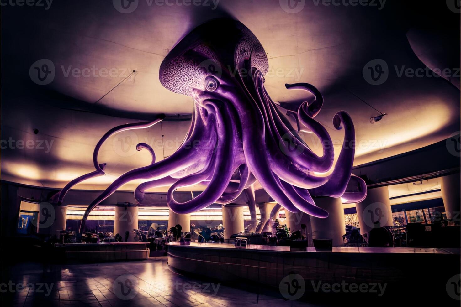 reusachtig Purper Octopus hangende van de plafond van een gebouw. generatief ai. foto