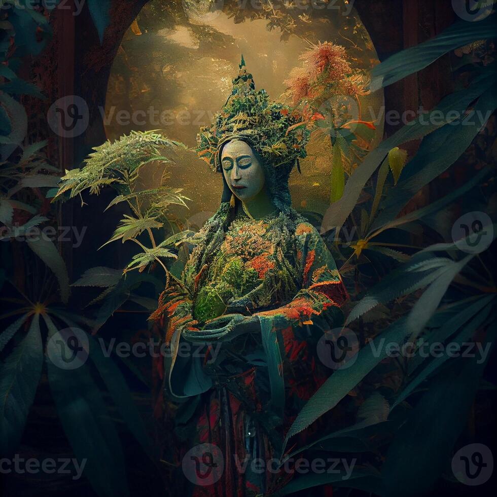 standbeeld van een vrouw omringd door planten. generatief ai. foto