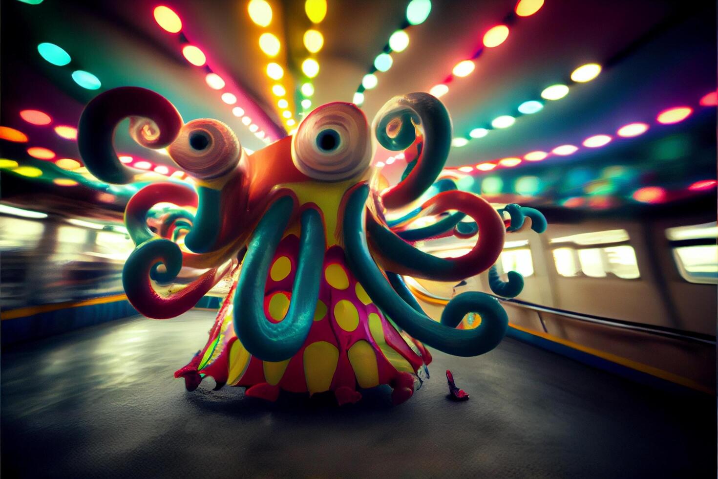 een Octopus standbeeld in de midden- van een trein station. generatief ai. foto