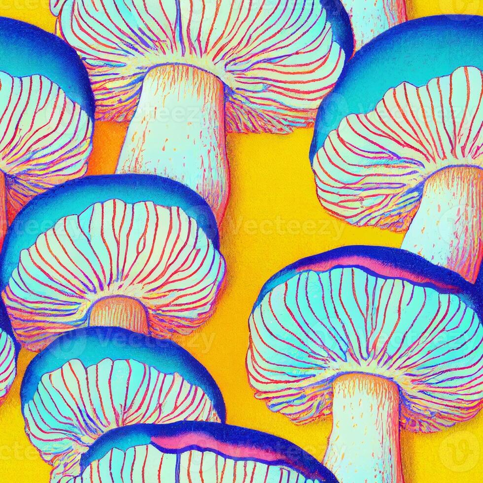 groep van champignons zittend Aan top van een geel oppervlak. generatief ai. foto
