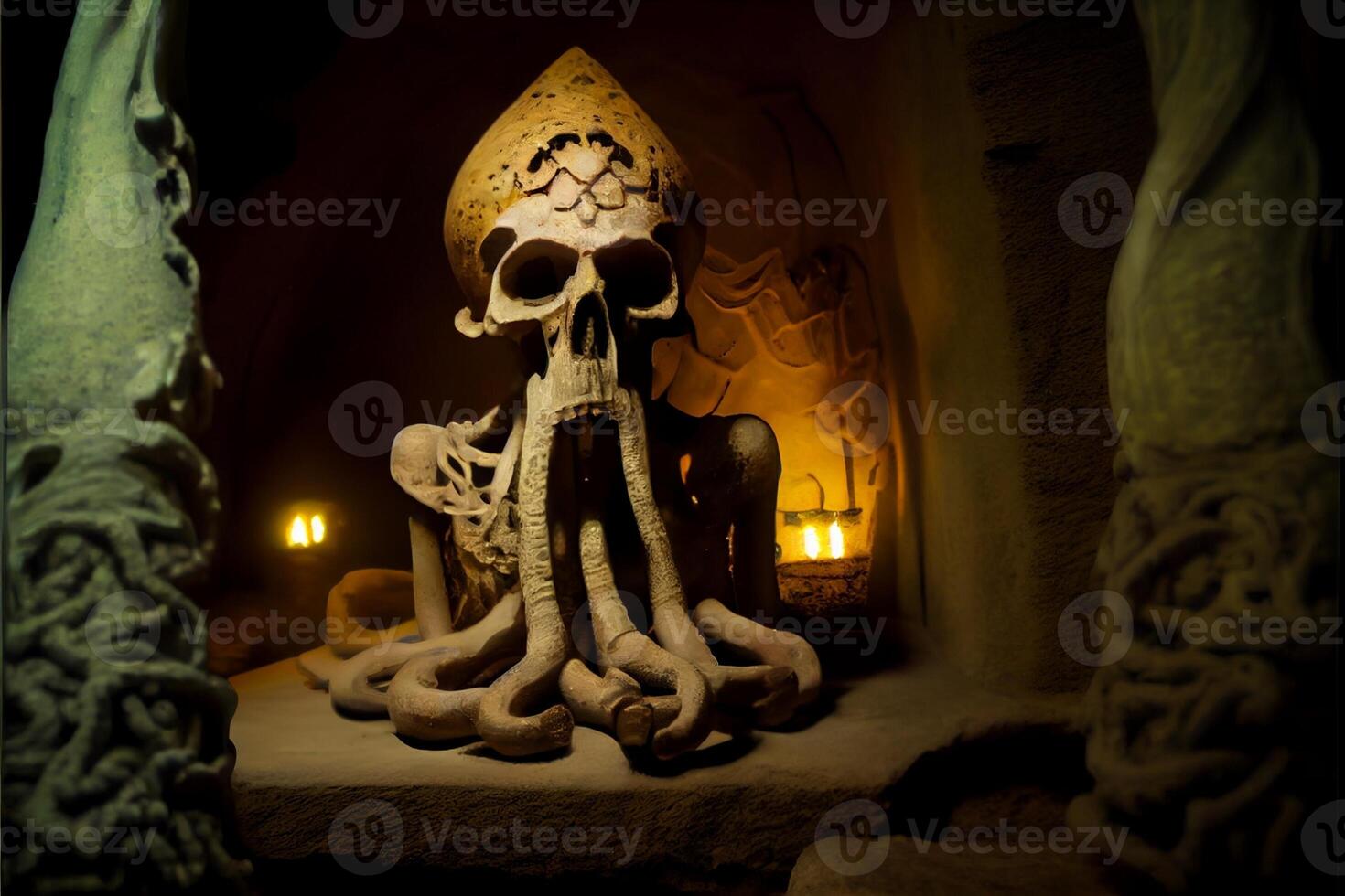 standbeeld van een Octopus Holding een menselijk schedel. generatief ai. foto